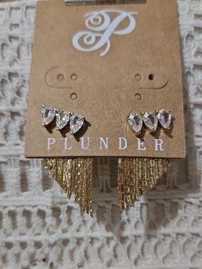PLUNDER DESIGN "Iretta" Ear Crawler Post Earrings-Gold/Rhinestones